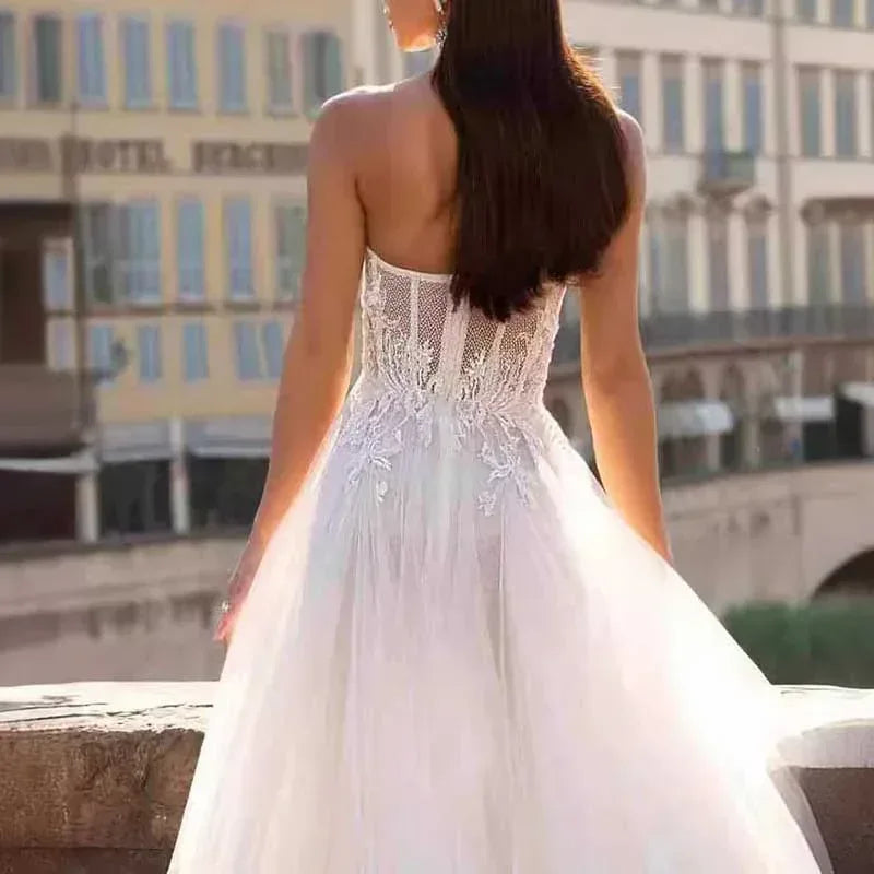A Line Tulle Strapless Wedding Dress Bridal Gown - Styeenigma