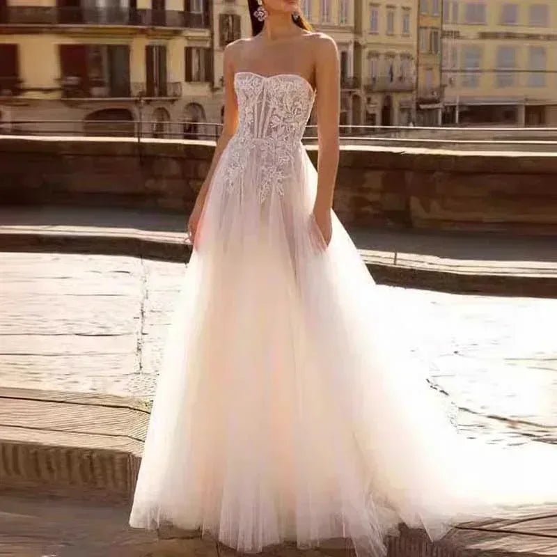 A Line Tulle Strapless Wedding Dress Bridal Gown - Styeenigma