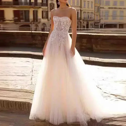 A Line Tulle Strapless Wedding Dress Bridal Gown - Styeenigma