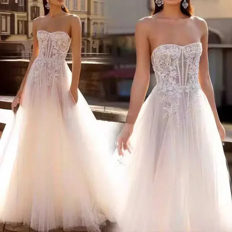 A Line Tulle Strapless Wedding Dress Bridal Gown - Styeenigma