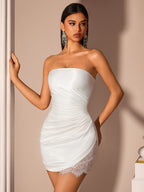 Strapless Satin Mini Dress with Lace Detail | White Bodycon Party Cocktail Dress
