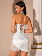 Strapless Satin Mini Dress with Lace Detail | White Bodycon Party Cocktail Dress