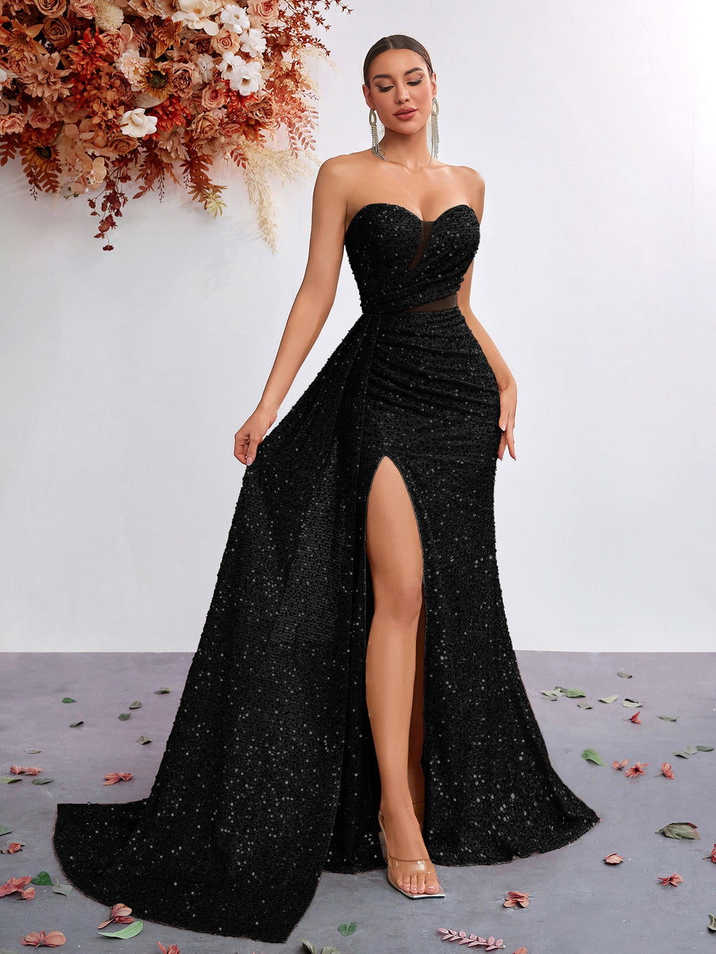 Strapless Sequin Mermaid Gown with High Slit – Elegant Evening Dress for Formal Events - Styeenigma