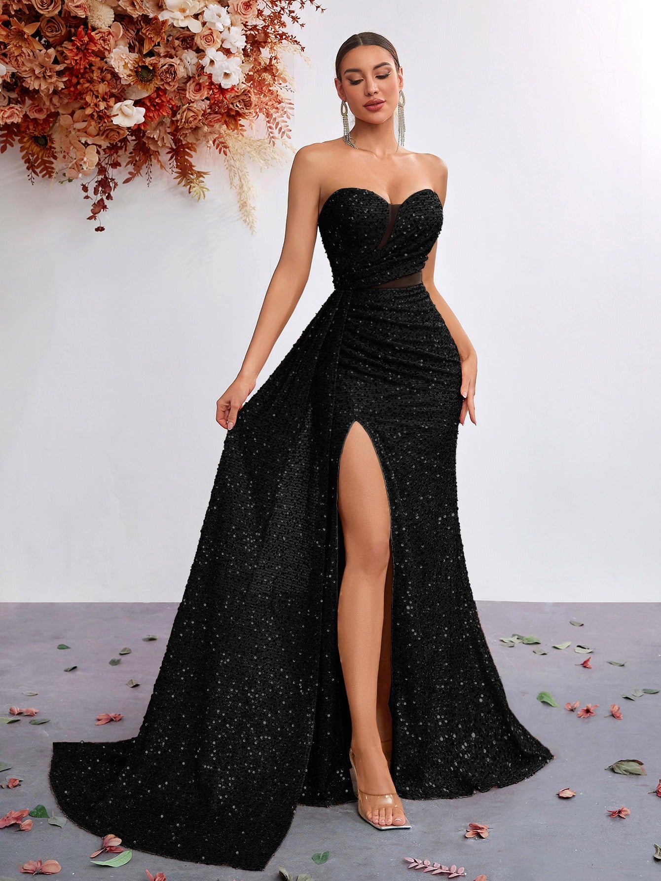 Strapless Sequin Mermaid Gown with High Slit – Elegant Evening Dress for Formal Events - Styeenigma
