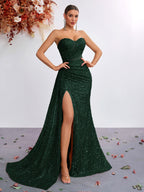 Strapless Sequin Mermaid Gown with High Slit – Elegant Evening Dress for Formal Events - Styeenigma