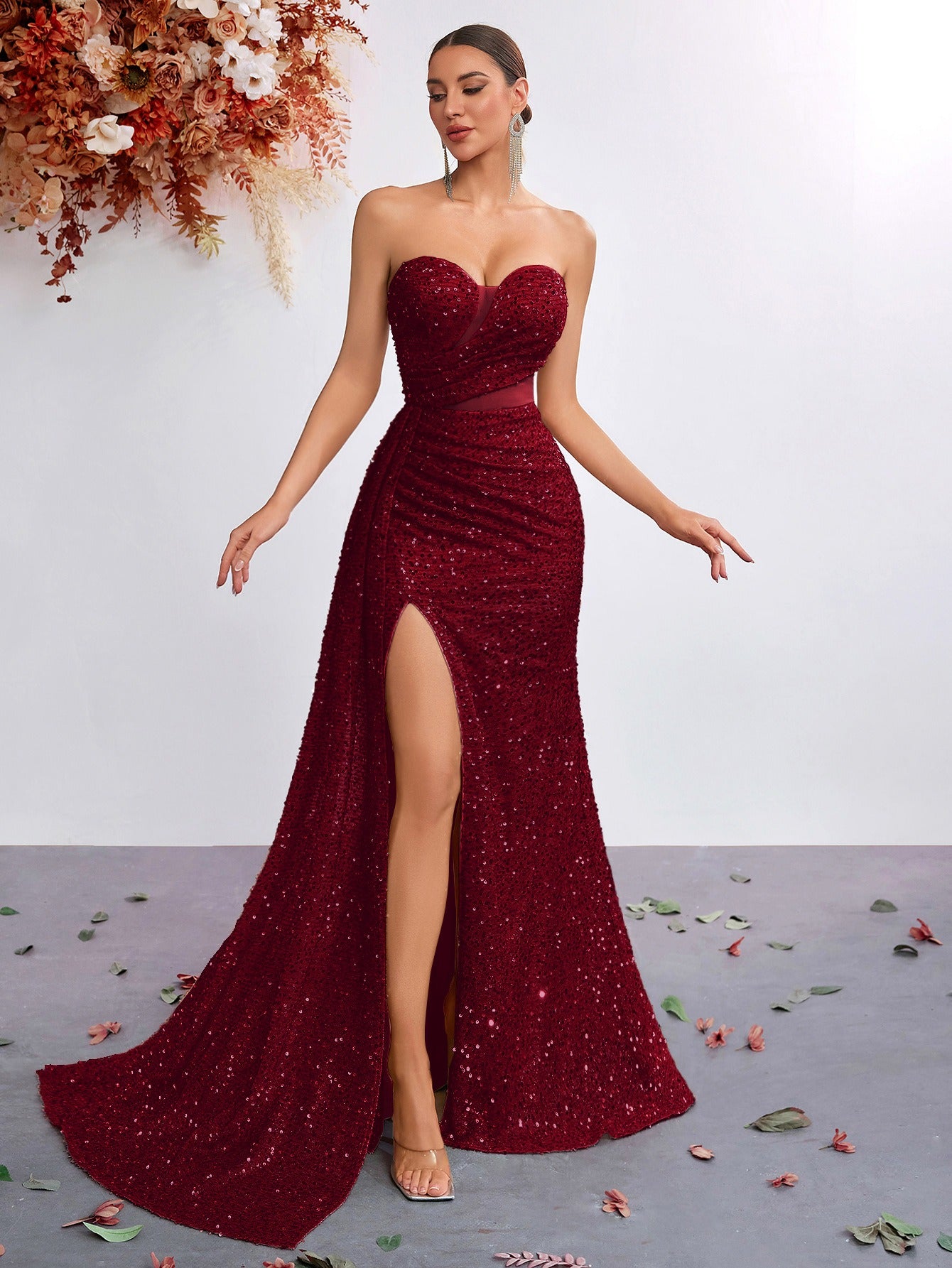 Strapless Sequin Mermaid Gown with High Slit – Elegant Evening Dress for Formal Events - Styeenigma