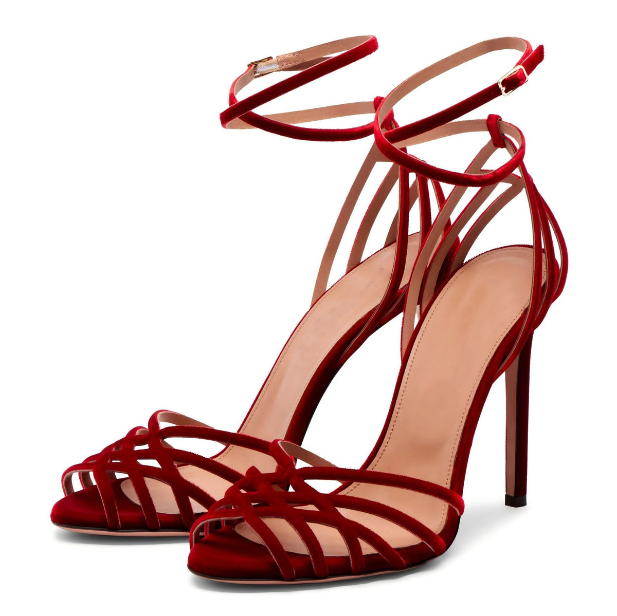 Red Suede Stiletto Sandals Strappy Ankle Strap Square Toe Party Heels - Styeenigma