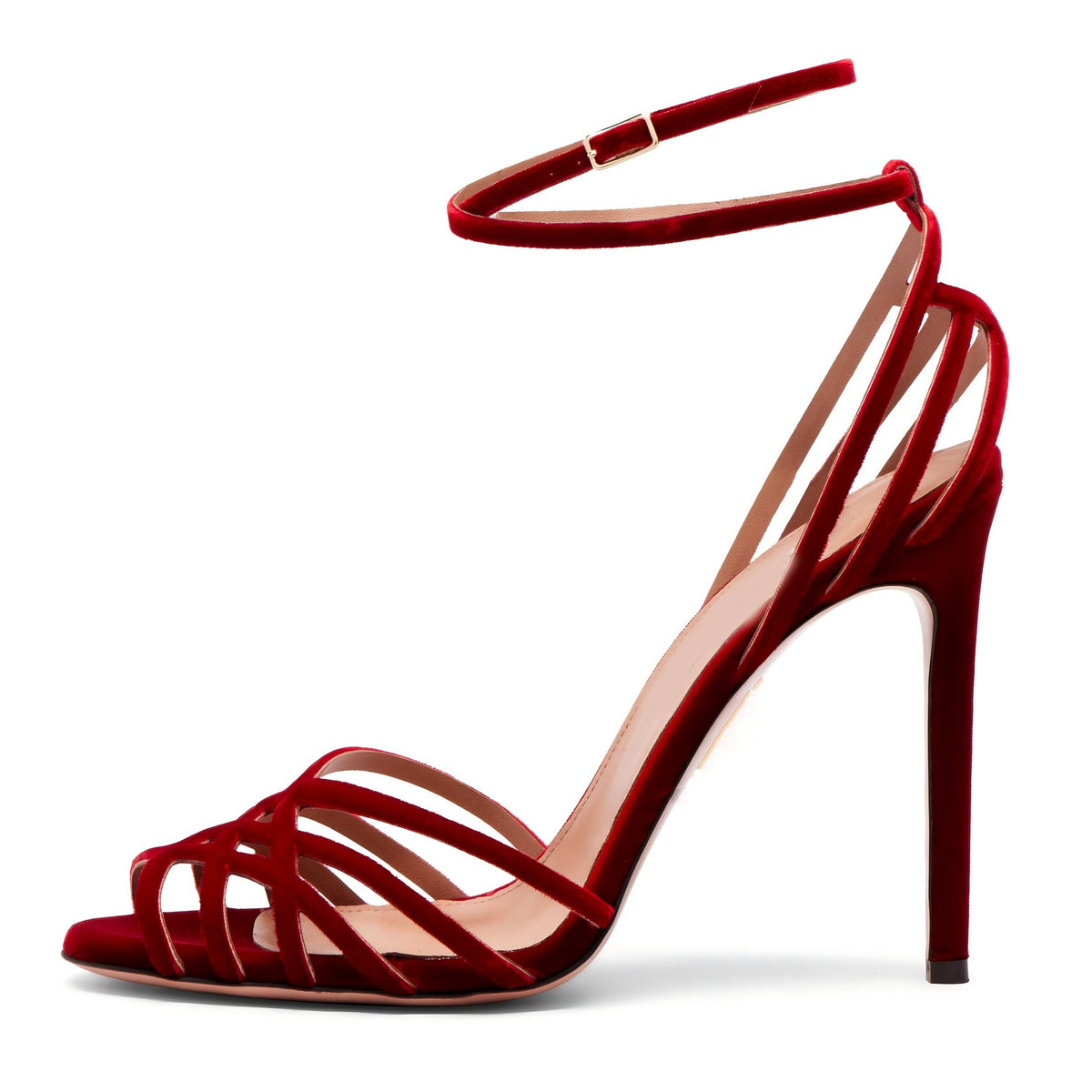 Red Suede Stiletto Sandals Strappy Ankle Strap Square Toe Party Heels - Styeenigma