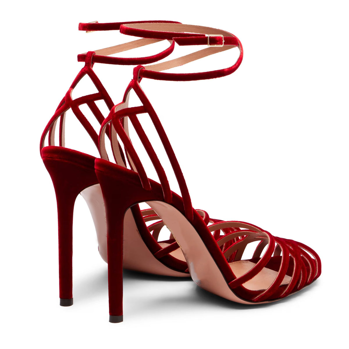 Red Suede Stiletto Sandals Strappy Ankle Strap Square Toe Party Heels - Styeenigma