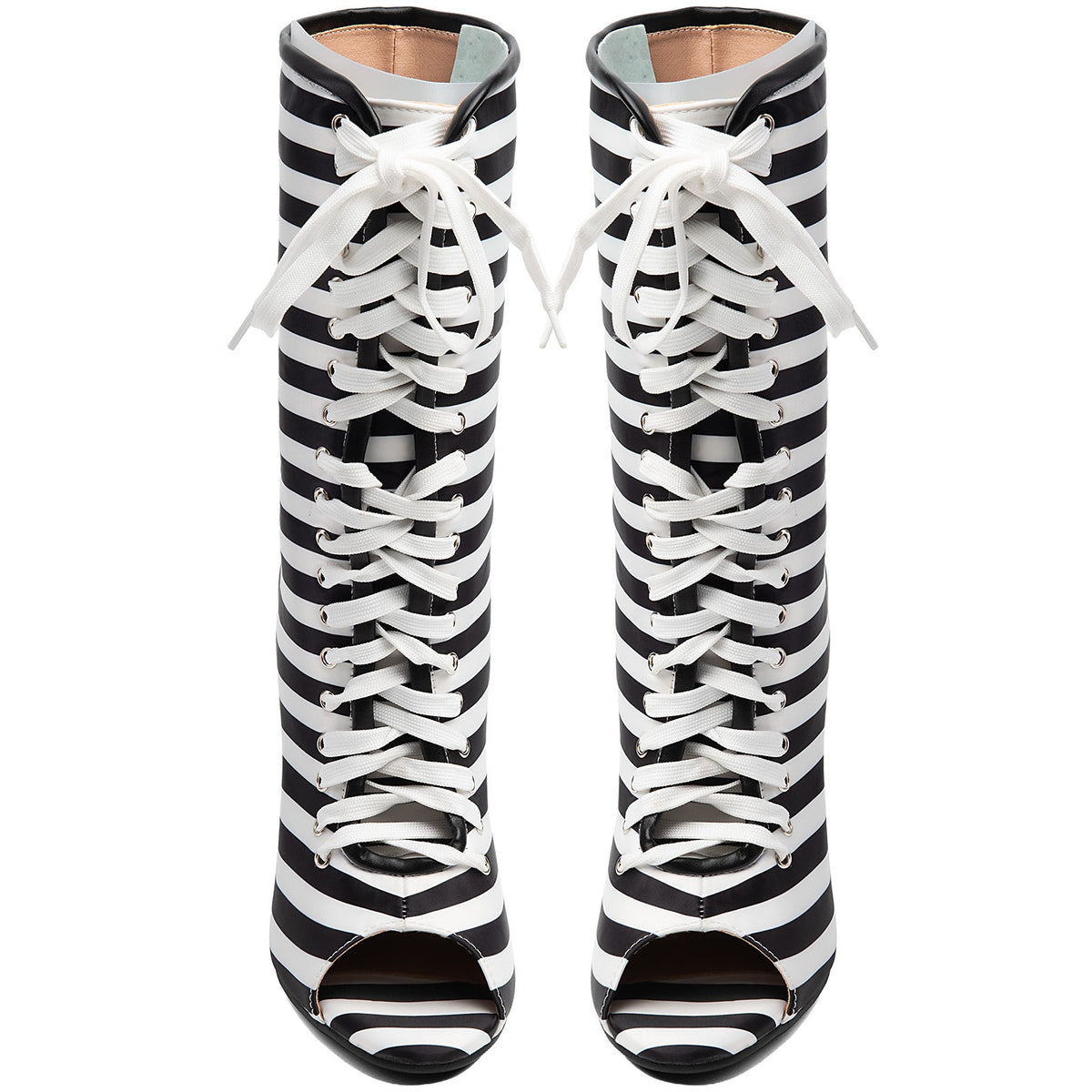 Striped Faux Leather Wedge Boots Peep Toe Lace Up High Heel - Styeenigma