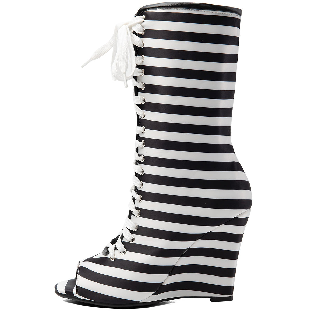 Striped Faux Leather Wedge Boots Peep Toe Lace Up High Heel - Styeenigma