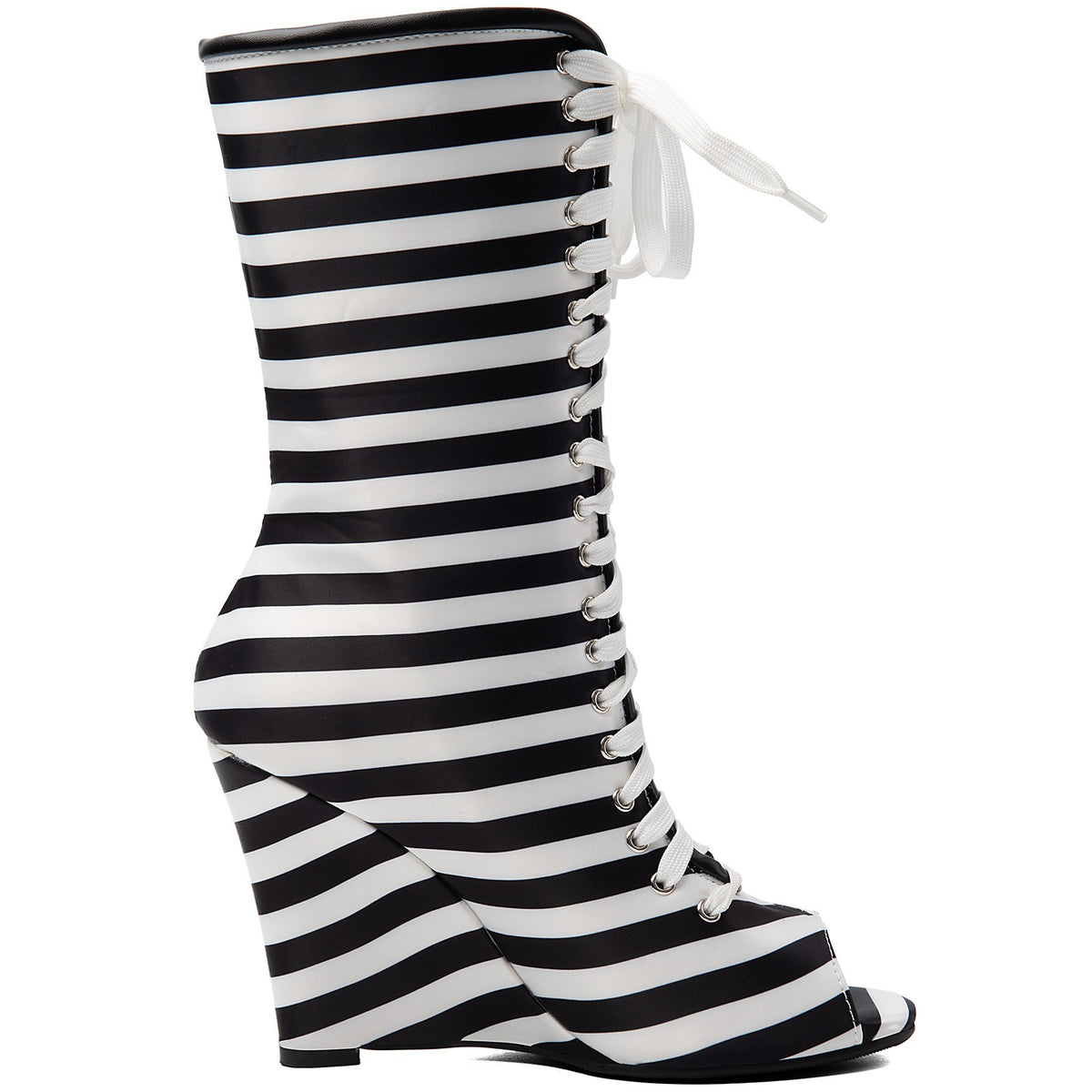 Striped Faux Leather Wedge Boots Peep Toe Lace Up High Heel - Styeenigma