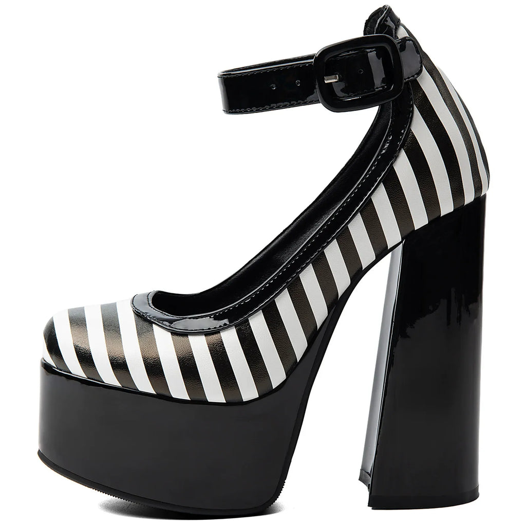 Striped Platform Mary Jane Heels for Women | Chunky Block Heel Faux Leather Pumps - Styeenigma