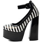 Striped Platform Mary Jane Heels for Women | Chunky Block Heel Faux Leather Pumps - Styeenigma