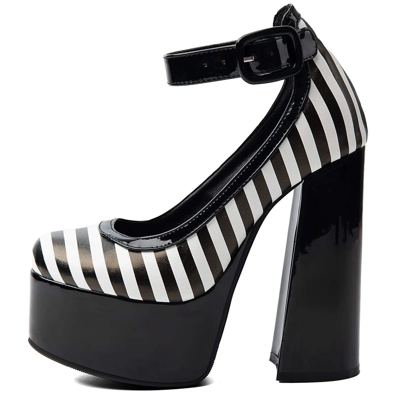 Striped Platform Mary Jane Heels for Women | Chunky Block Heel Faux Leather Pumps - Styeenigma