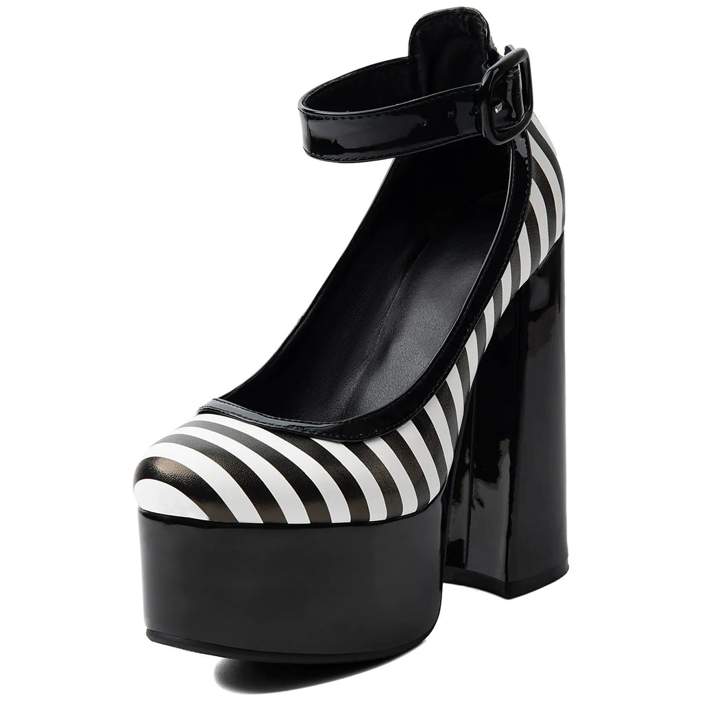Striped Platform Mary Jane Heels for Women | Chunky Block Heel Faux Leather Pumps - Styeenigma
