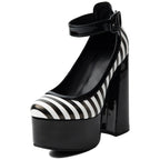 Striped Platform Mary Jane Heels for Women | Chunky Block Heel Faux Leather Pumps - Styeenigma