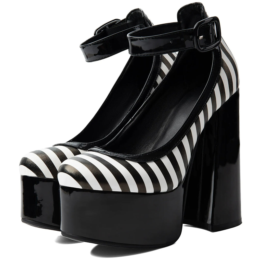 Striped Platform Mary Jane Heels for Women | Chunky Block Heel Faux Leather Pumps - Styeenigma