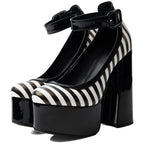 Striped Platform Mary Jane Heels for Women | Chunky Block Heel Faux Leather Pumps - Styeenigma