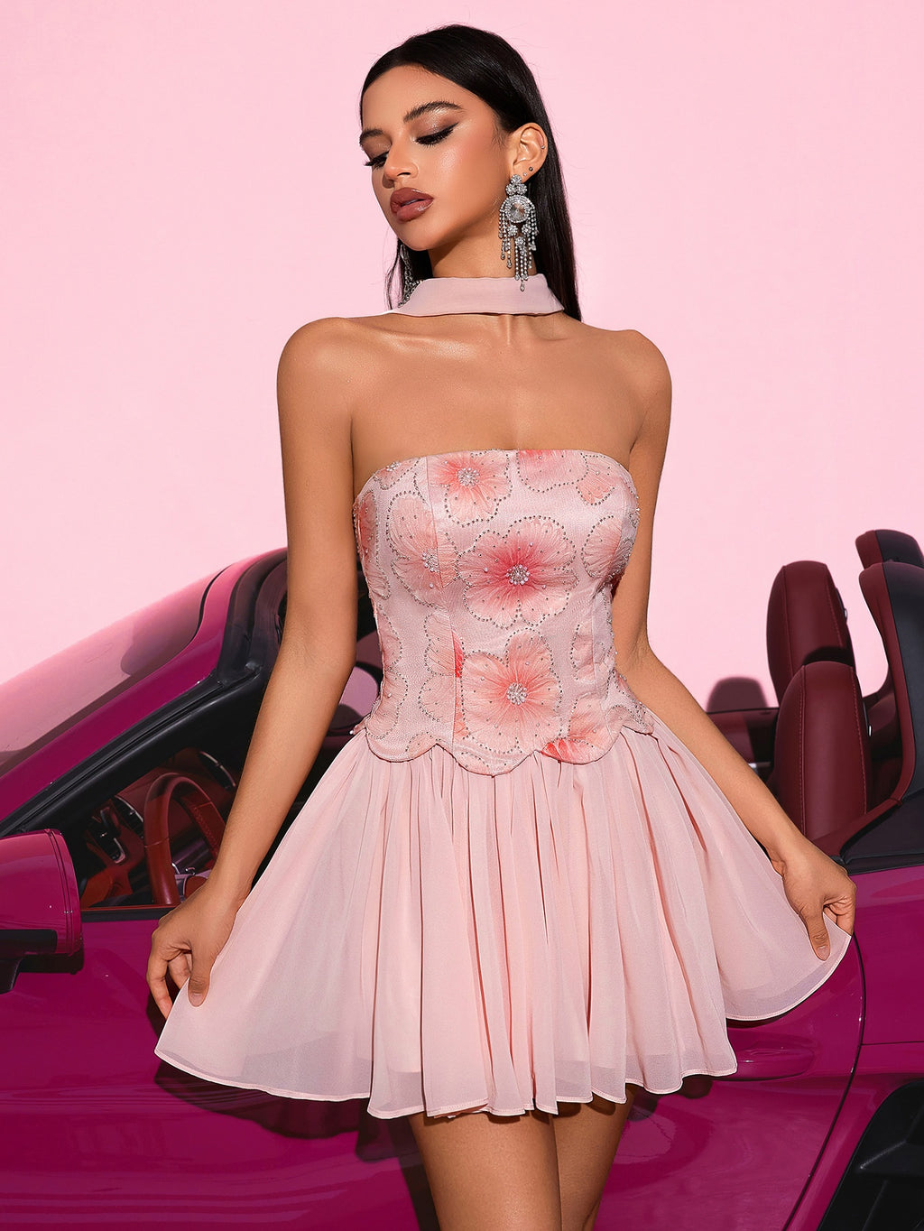 Stylish Pink Floral Halter Strapless Mini Dress | Women’s Elegant Party & Evening Wear