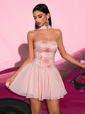 Stylish Pink Floral Halter Strapless Mini Dress | Women’s Elegant Party & Evening Wear