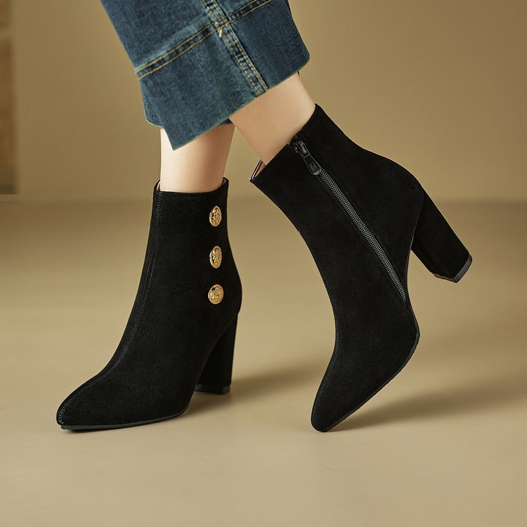 Suede Ankle Boots with Decorative Buttons & Block Heels