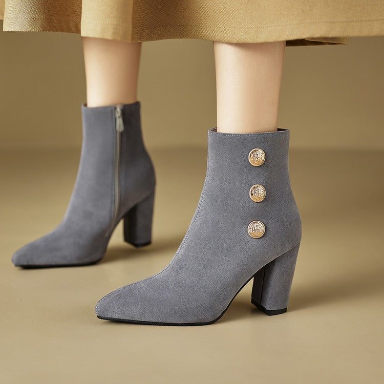 Suede Ankle Boots with Decorative Buttons & Block Heels
