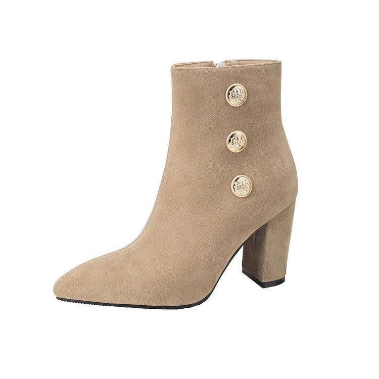 Suede Ankle Boots with Decorative Buttons & Block Heels