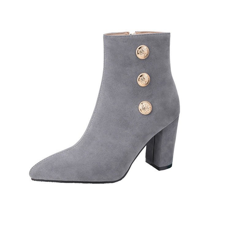 Suede Ankle Boots with Decorative Buttons & Block Heels - Styeenigma