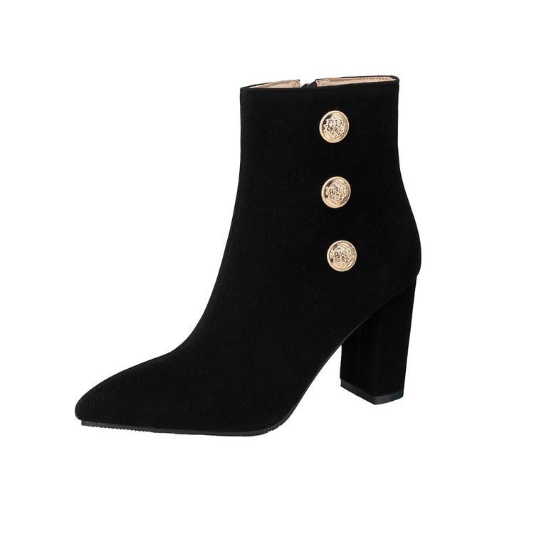 Suede Ankle Boots with Decorative Buttons & Block Heels - Styeenigma