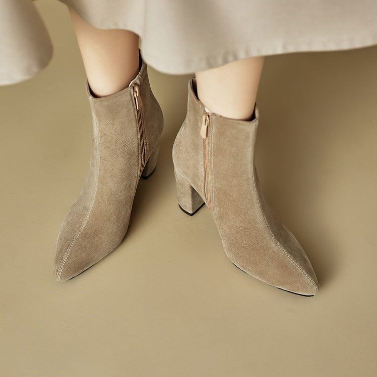 Suede Ankle Boots with Decorative Buttons & Block Heels