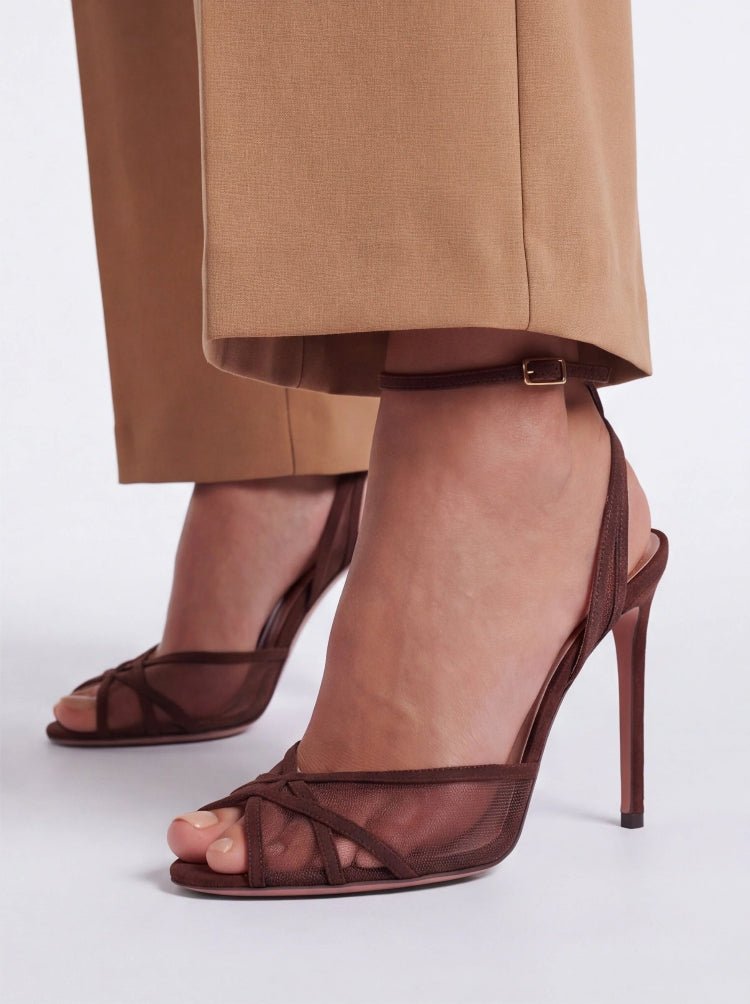 Suede Mesh Sandals Women's Strappy Stiletto Heels | Trendy Evening Shoes - Styeenigma