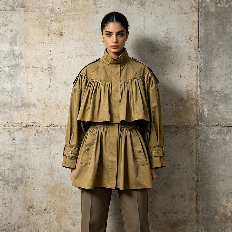 Turtleneck Solid Color Ruched Trench Coat - Styeenigma