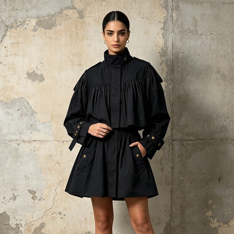 Turtleneck Solid Color Ruched Trench Coat - Styeenigma