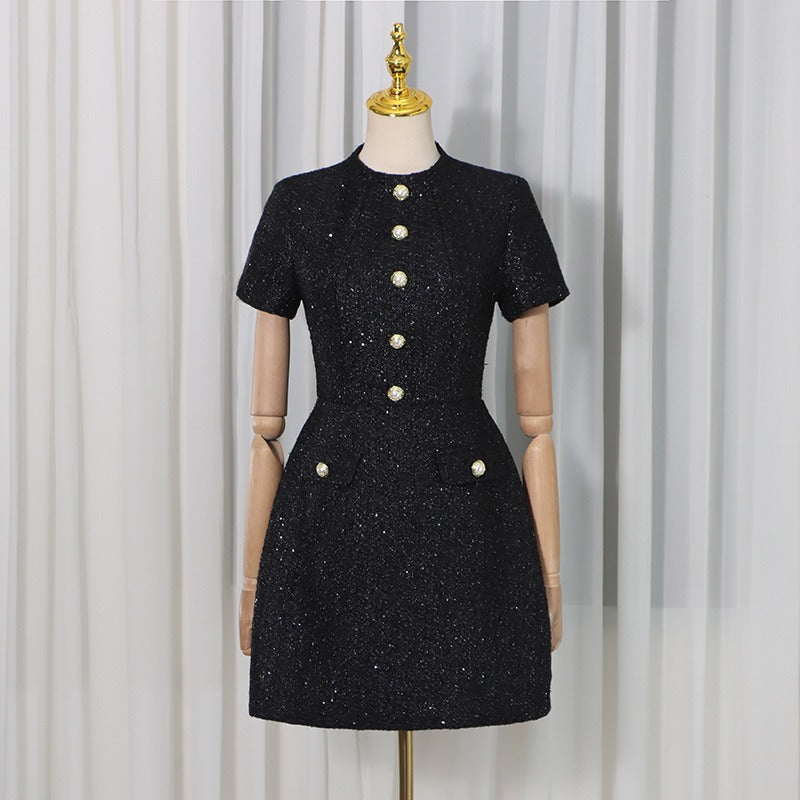 Tweed Party Dress | Short Sleeve Pearl Button Mini Dress
