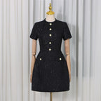 Tweed Party Dress | Short Sleeve Pearl Button Mini Dress