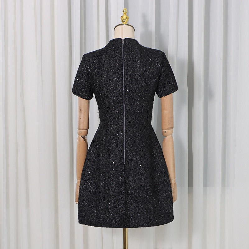 Tweed Party Dress | Short Sleeve Pearl Button Mini Dress