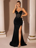 Velvet Corset Prom Dress | Rhinestone Mesh Mermaid Gown