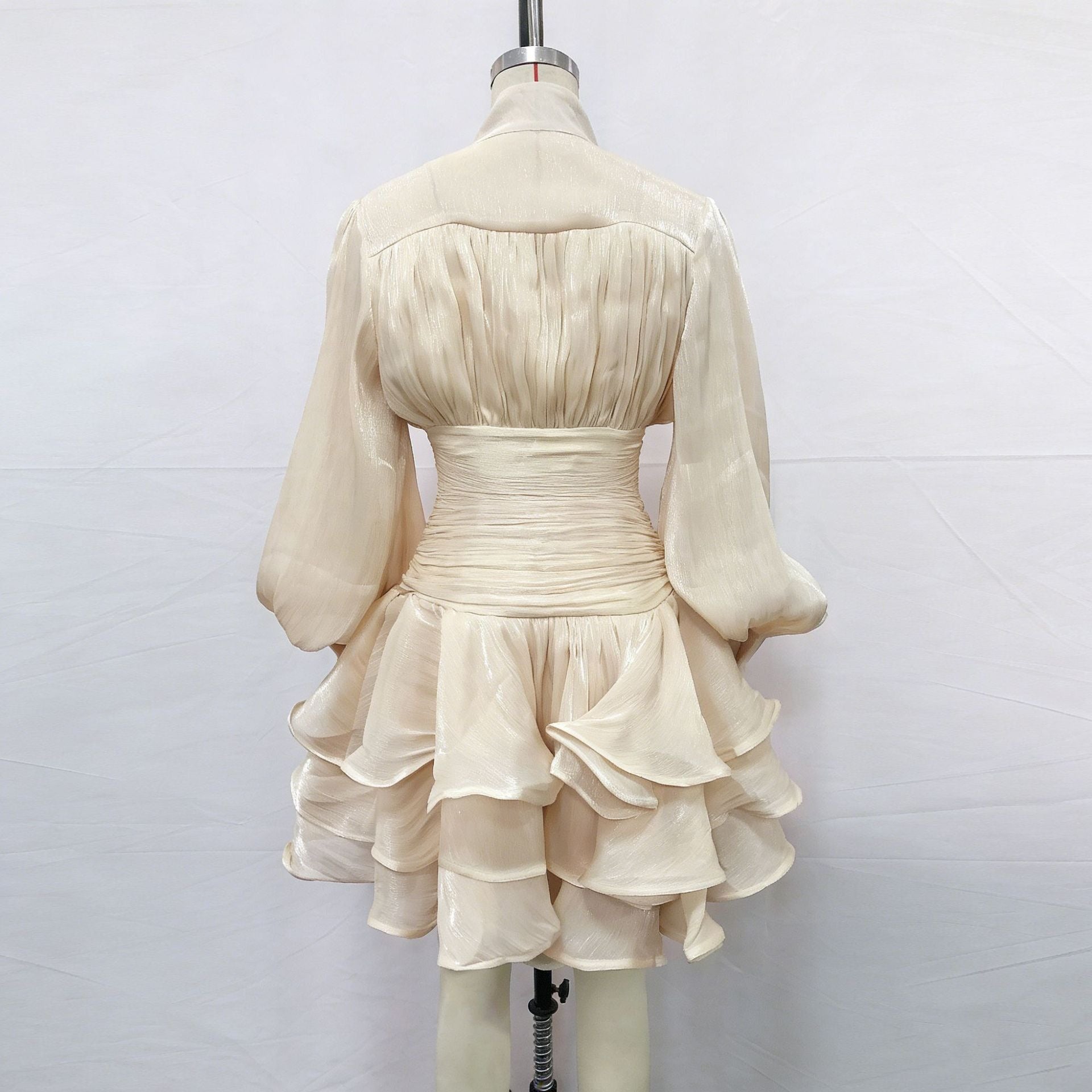 Vintage French Style Mini Dress | Puff Sleeve High Collar Party Dress