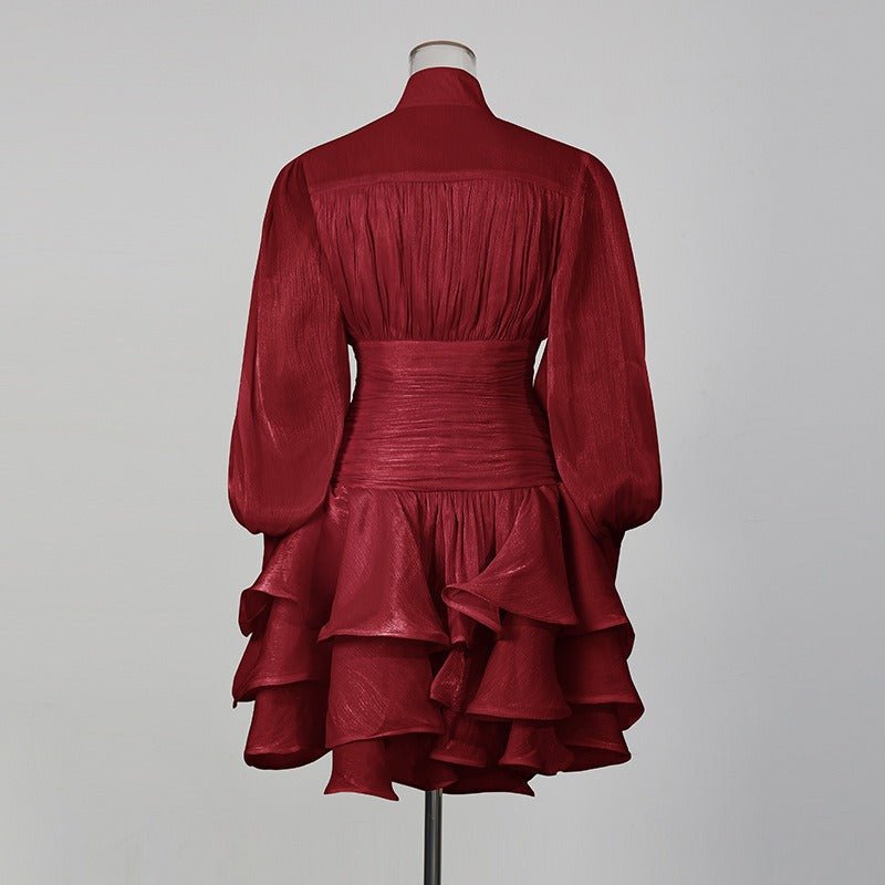 Vintage French Style Mini Dress | Puff Sleeve High Collar Party Dress