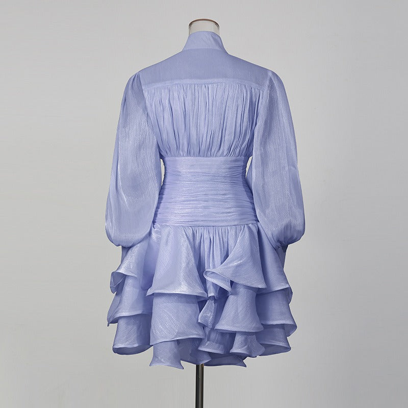 Vintage French Style Mini Dress | Puff Sleeve High Collar Party Dress