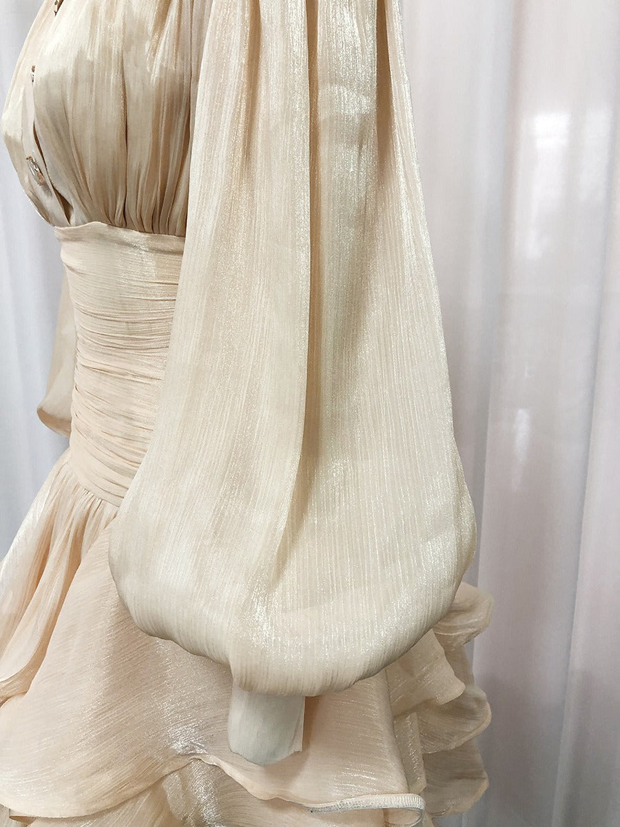Vintage French Style Mini Dress | Puff Sleeve High Collar Party Dress