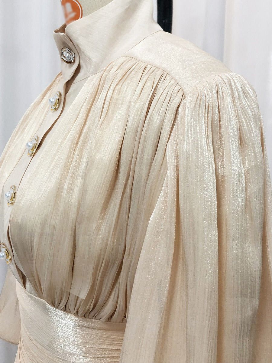 Vintage French Style Mini Dress | Puff Sleeve High Collar Party Dress