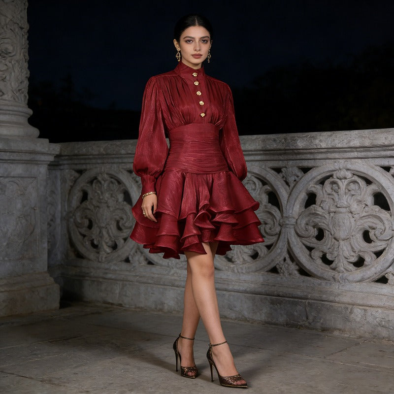 Vintage French Style Mini Dress | Puff Sleeve High Collar Party Dress