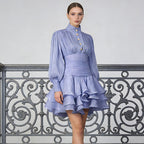 Vintage French Style Mini Dress | Puff Sleeve High Collar Party Dress