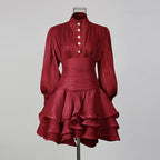 Vintage French Style Mini Dress | Puff Sleeve High Collar Party Dress