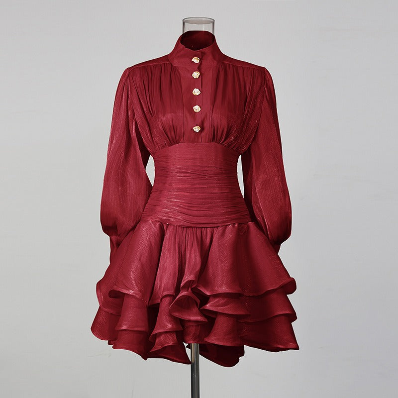 Vintage French Style Mini Dress | Puff Sleeve High Collar Party Dress