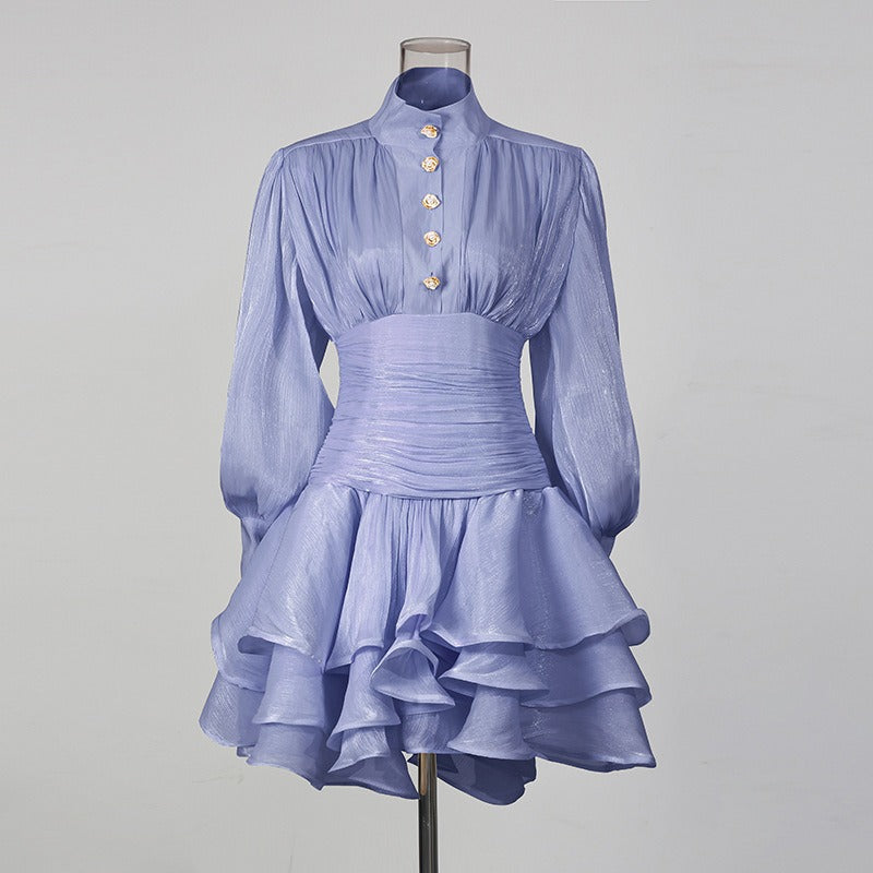 Vintage French Style Mini Dress | Puff Sleeve High Collar Party Dress