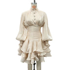 Vintage French Style Mini Dress | Puff Sleeve High Collar Party Dress