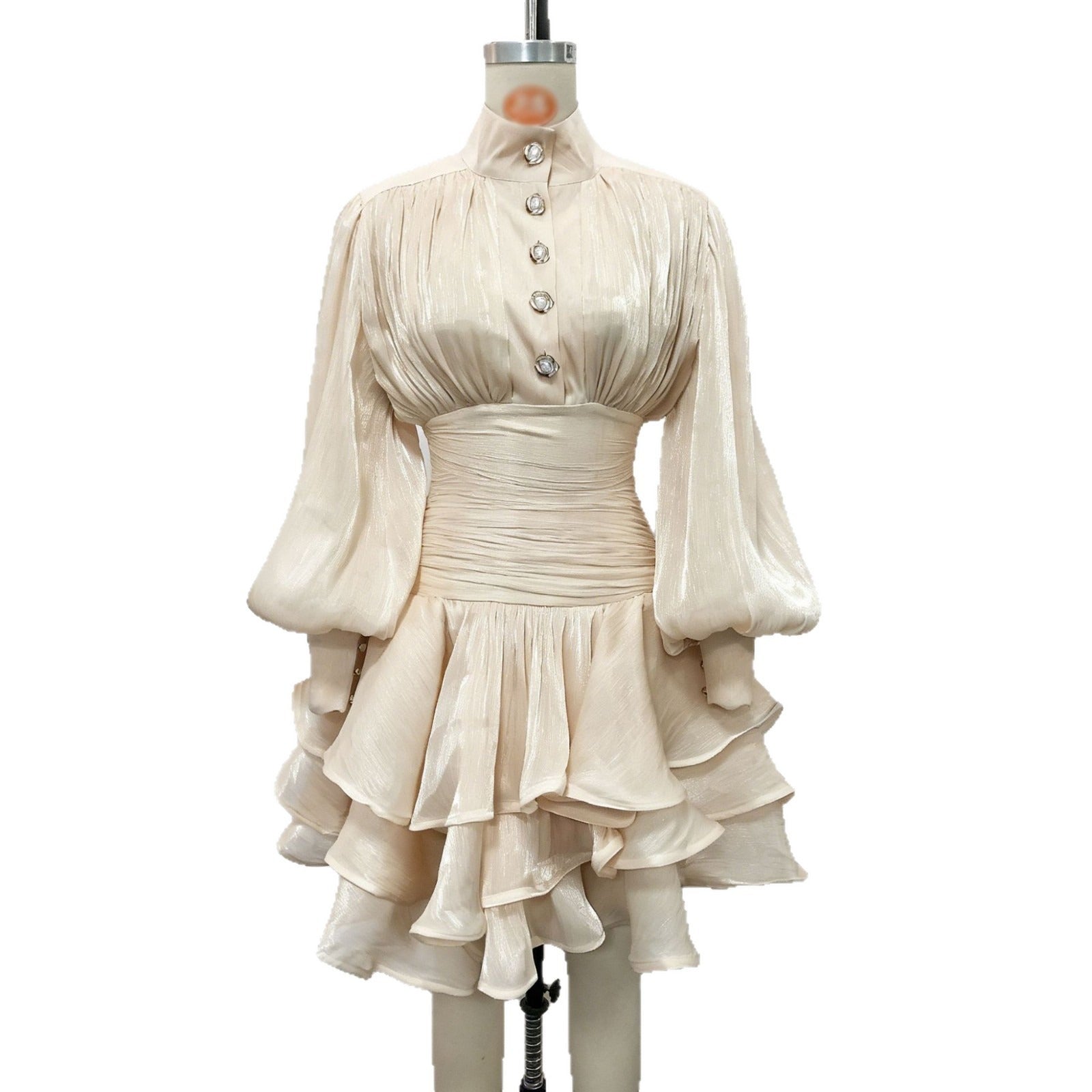 Vintage French Style Mini Dress | Puff Sleeve High Collar Party Dress